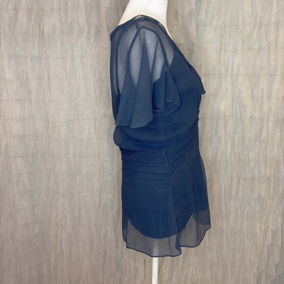 BCBGMAXAZRIA Navy Chiffon Pleated Flutter Sleeve Blouse | Women’s Size Medium - Picture 5 of 7